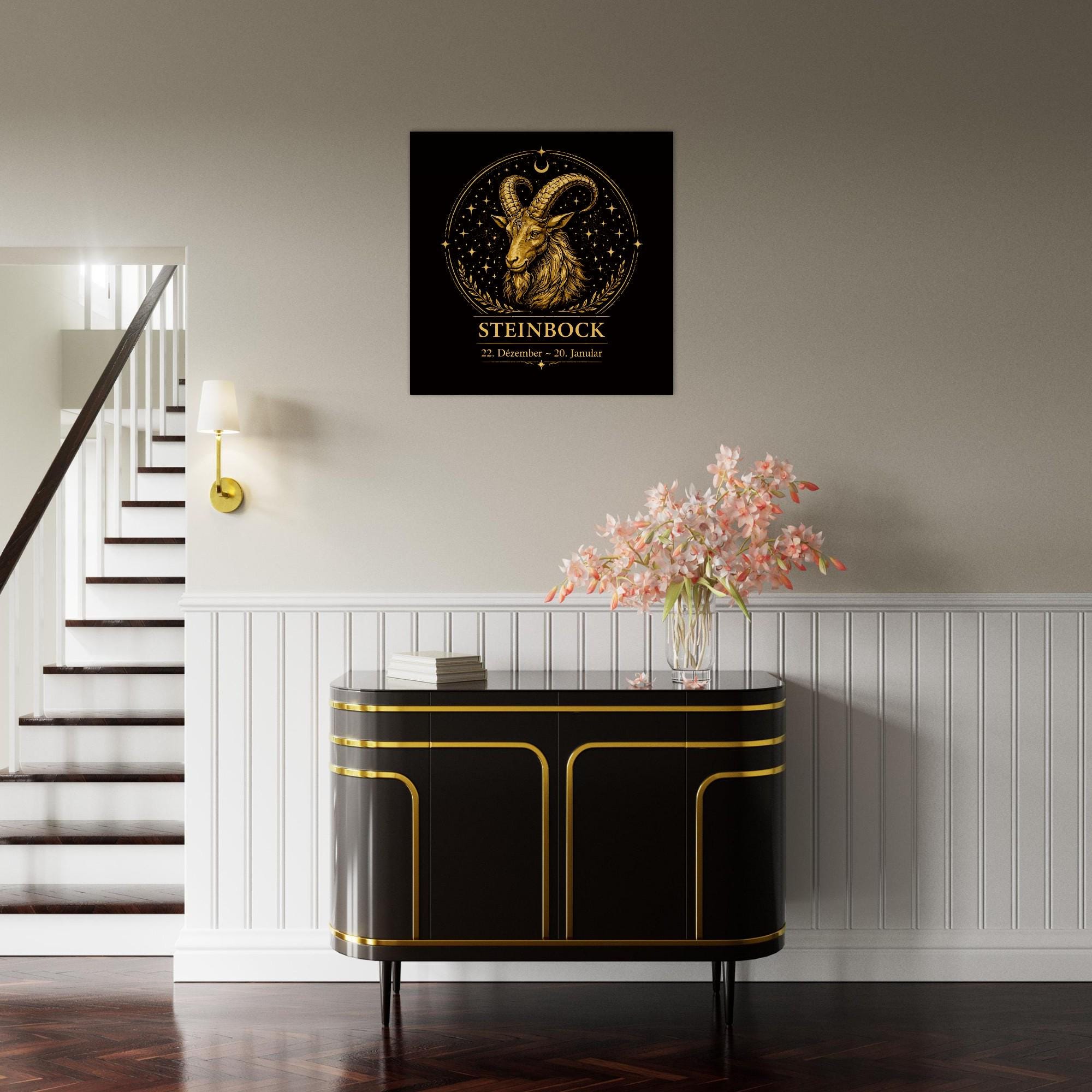 Sternzeichen Steinbock Wandbild – Fine Art Zodiac Wall Art – Astrologie Kunstdruck – Steinbock Poster Schwarz Gold – Sternzeichen Geschenk