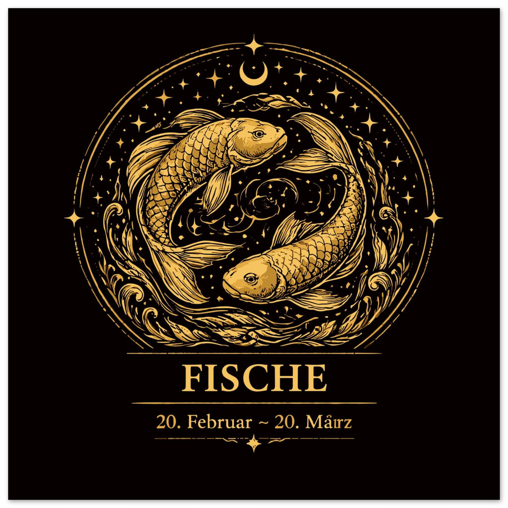 Sternzeichen Fische Wandbild – Fine Art Zodiac Wall Art – Astrologie Kunstdruck – Fische Poster Schwarz Gold – Sternzeichen Geschenk