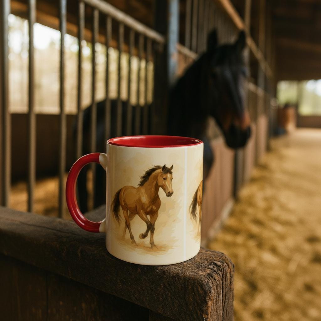 Pferde Aquarell Tasse – 3-fach Rundum Motiv | 11oz Keramiktasse mit elegantem Pferde-Design | Geschenk für Reiterinnen & Pferdefans