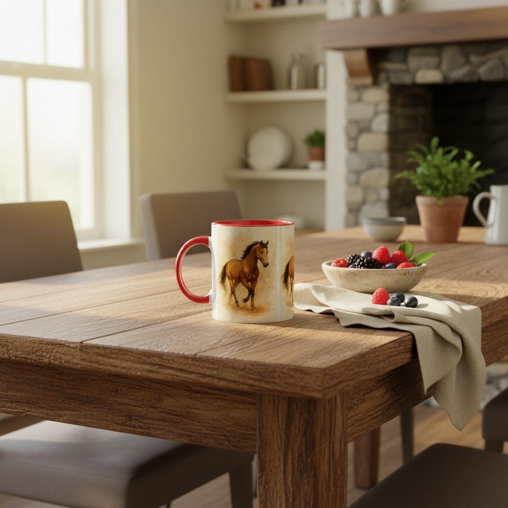 Pferde Aquarell Tasse – 3-fach Rundum Motiv | 11oz Keramiktasse mit elegantem Pferde-Design | Geschenk für Reiterinnen & Pferdefans