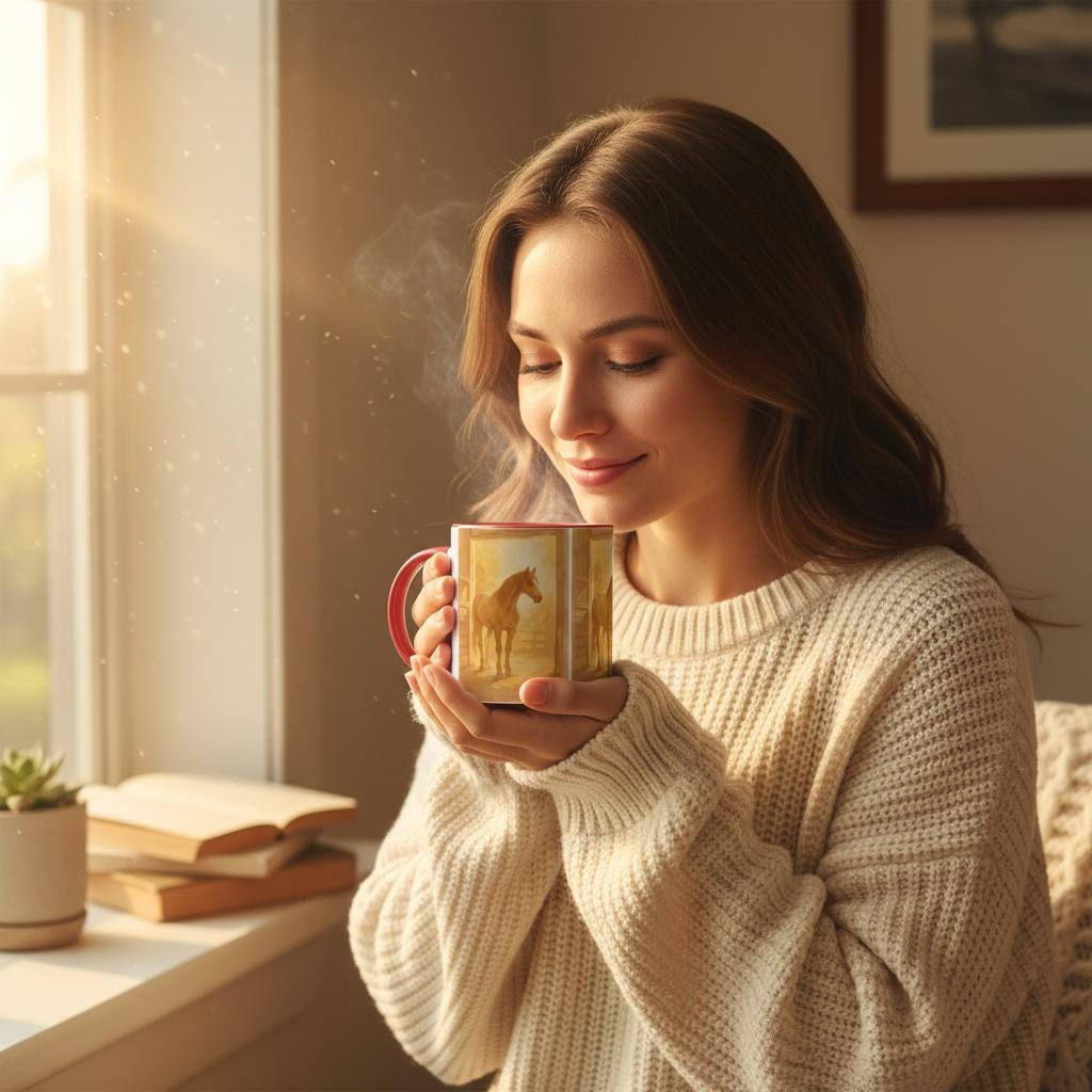 Pferde Tasse – Goldenes Stallmotiv | Warmes Pferdekunst-Design | Geschenk für Reiter & Pferdeliebhaber | Horse Mug with Stable Scene