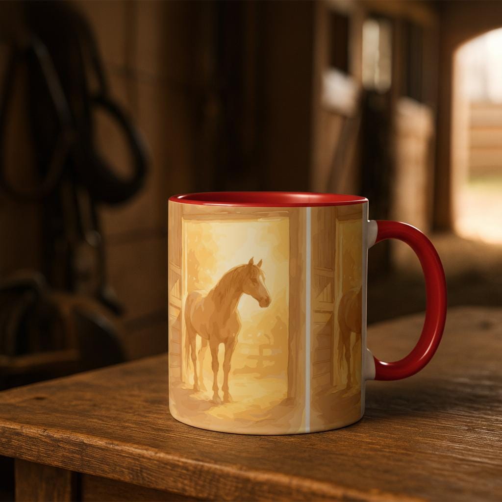 Pferde Tasse – Goldenes Stallmotiv | Warmes Pferdekunst-Design | Geschenk für Reiter & Pferdeliebhaber | Horse Mug with Stable Scene