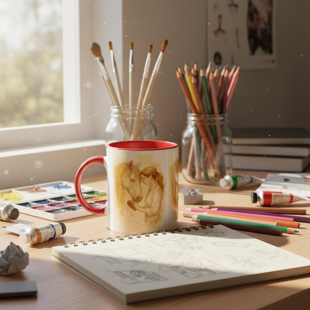 Mädchen und Pferd – Zarte Pferdeliebe Illustration auf Keramiktasse | Geschenk für Reiterinnen & Pferdefans