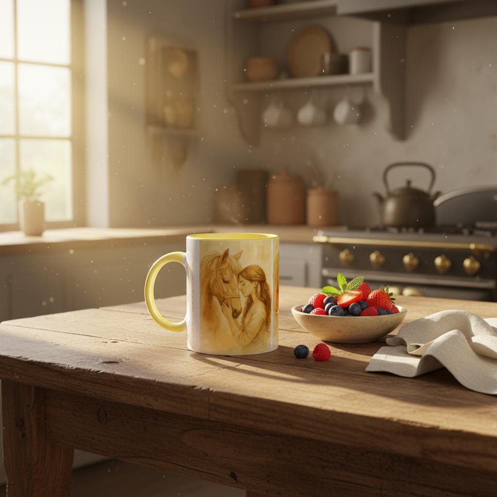 Herzensmoment – Mädchen und Pferd Motiv | Warmes Pferdekunst-Design auf Keramiktasse | Geschenk für Reiterinnen & Pferdefans