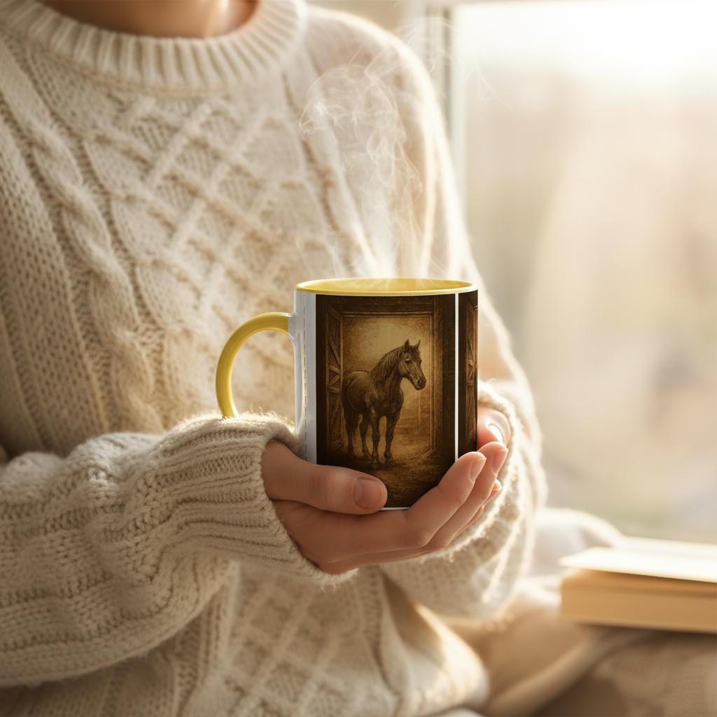 Stallmoment – Tasse mit Pferd im Scheuneneingang | Equestrian Mug | Geschenk für Reiterinnen & Pferdefans