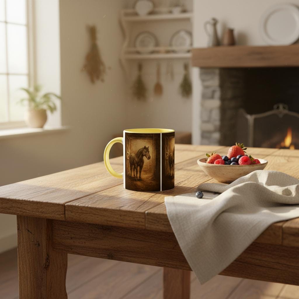 Stallmoment – Tasse mit Pferd im Scheuneneingang | Equestrian Mug | Geschenk für Reiterinnen & Pferdefans