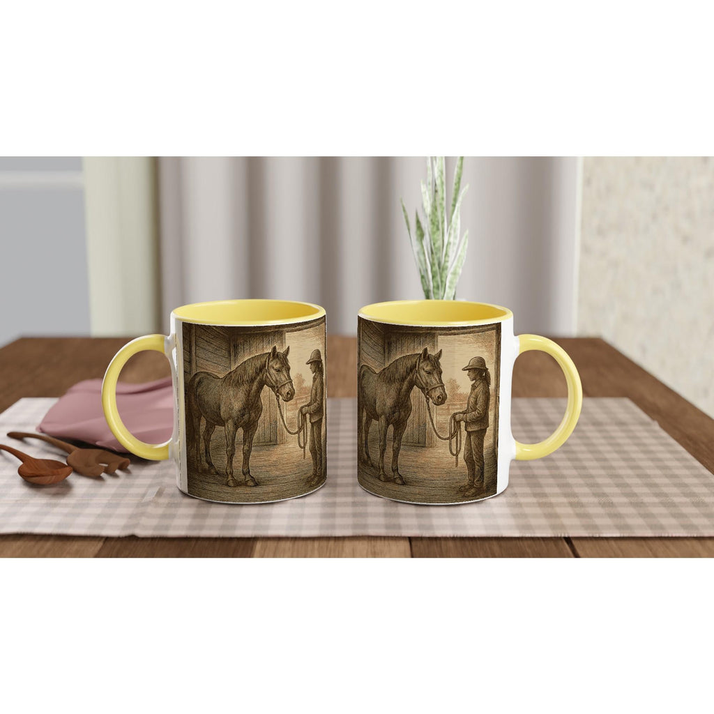 Pferd & Reiterin Tasse Vintage Stallmotiv Geschenk für Reiterinnen Equestrian Mug – Pferdeliebe Illustration – 325 ml Keramiktasse