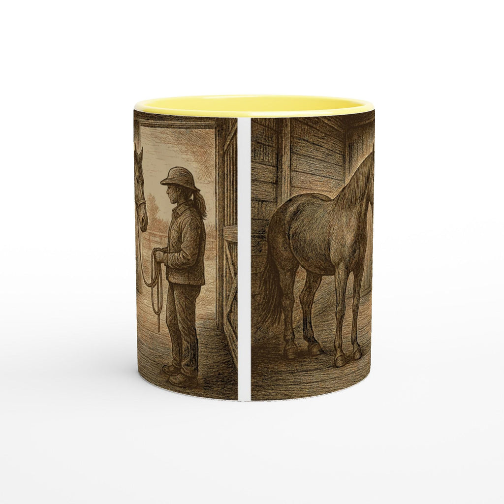 Pferd & Reiterin Tasse Vintage Stallmotiv Geschenk für Reiterinnen Equestrian Mug – Pferdeliebe Illustration – 325 ml Keramiktasse