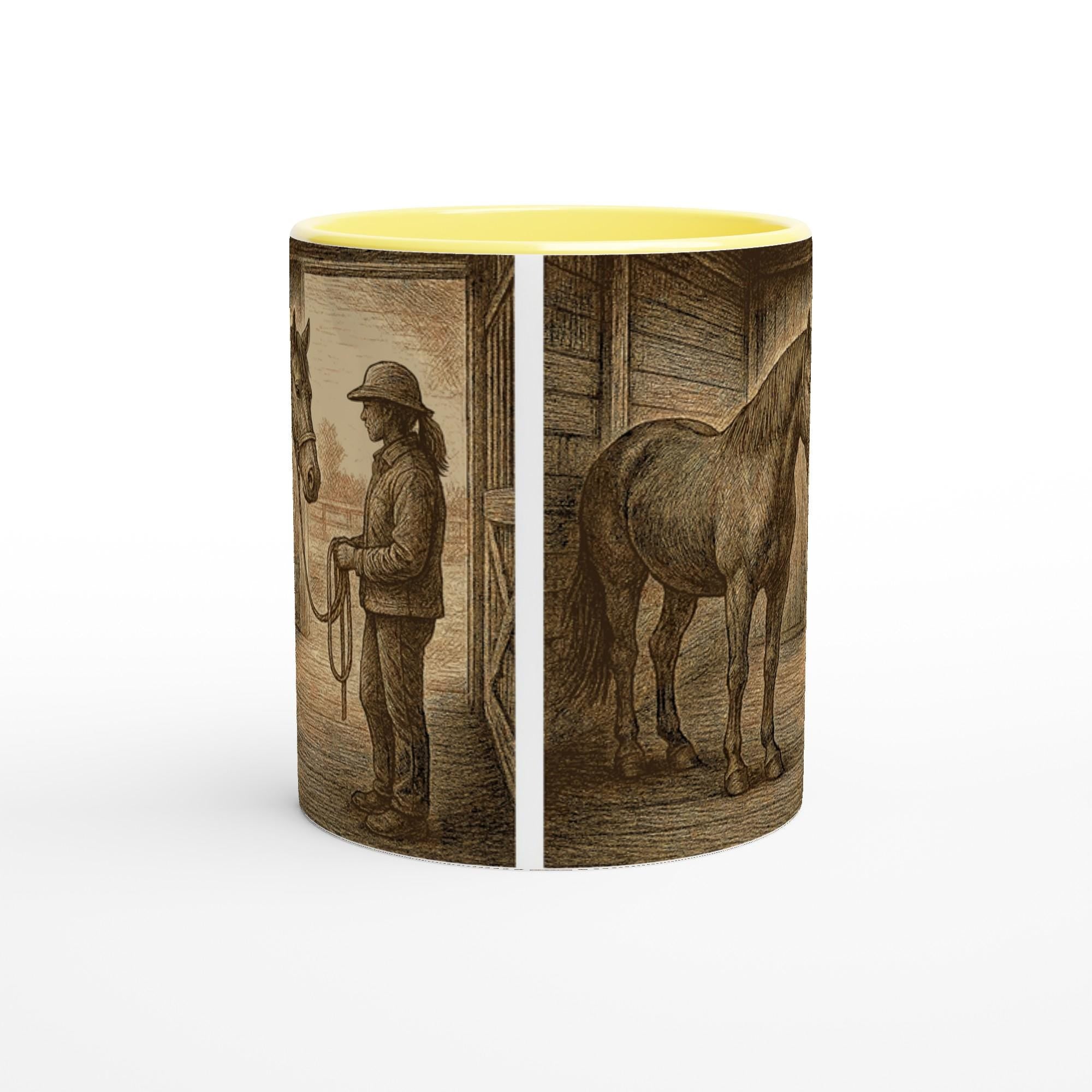 Pferd & Reiterin Tasse Vintage Stallmotiv Geschenk für Reiterinnen Equestrian Mug – Pferdeliebe Illustration – 325 ml Keramiktasse