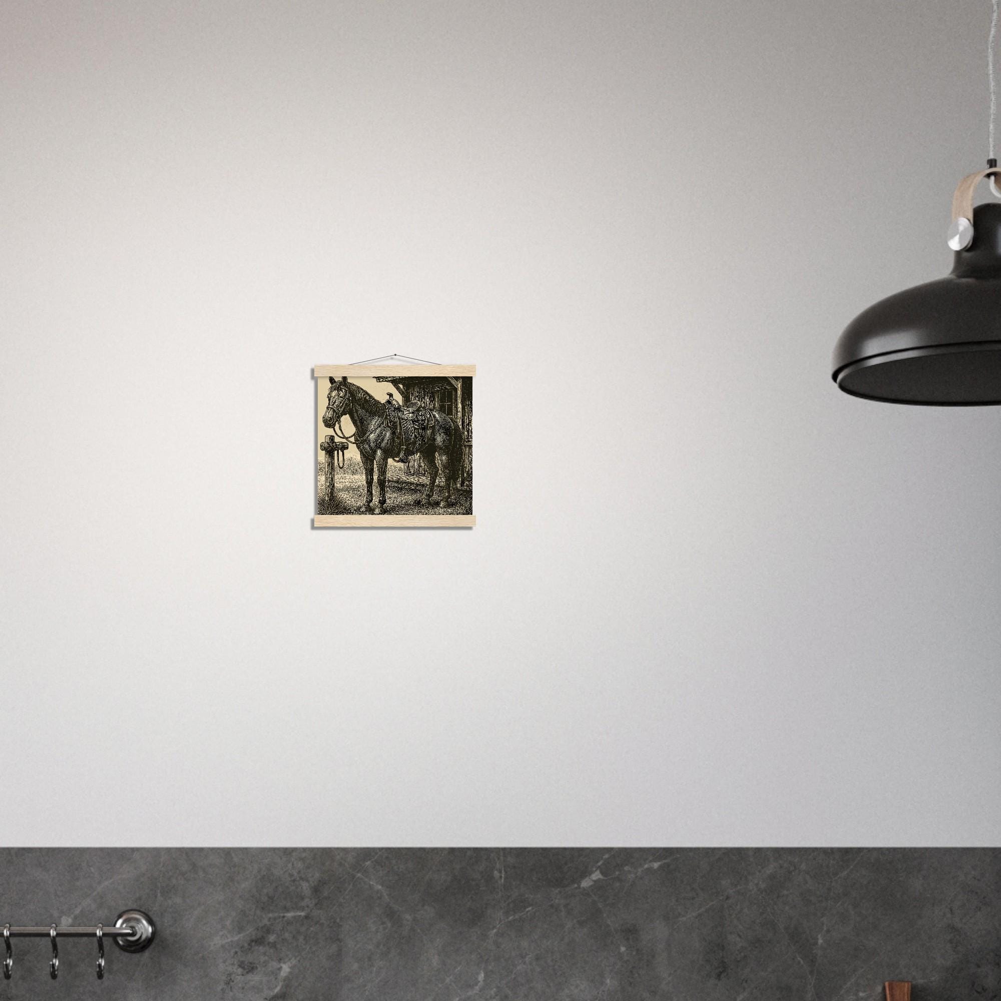 Western Pferde Wandbild – Sattelbereit vor Holzstall • Poster mit Kiefernholz-Hängern • Geschenk für Reiter & Pferdeliebhaber