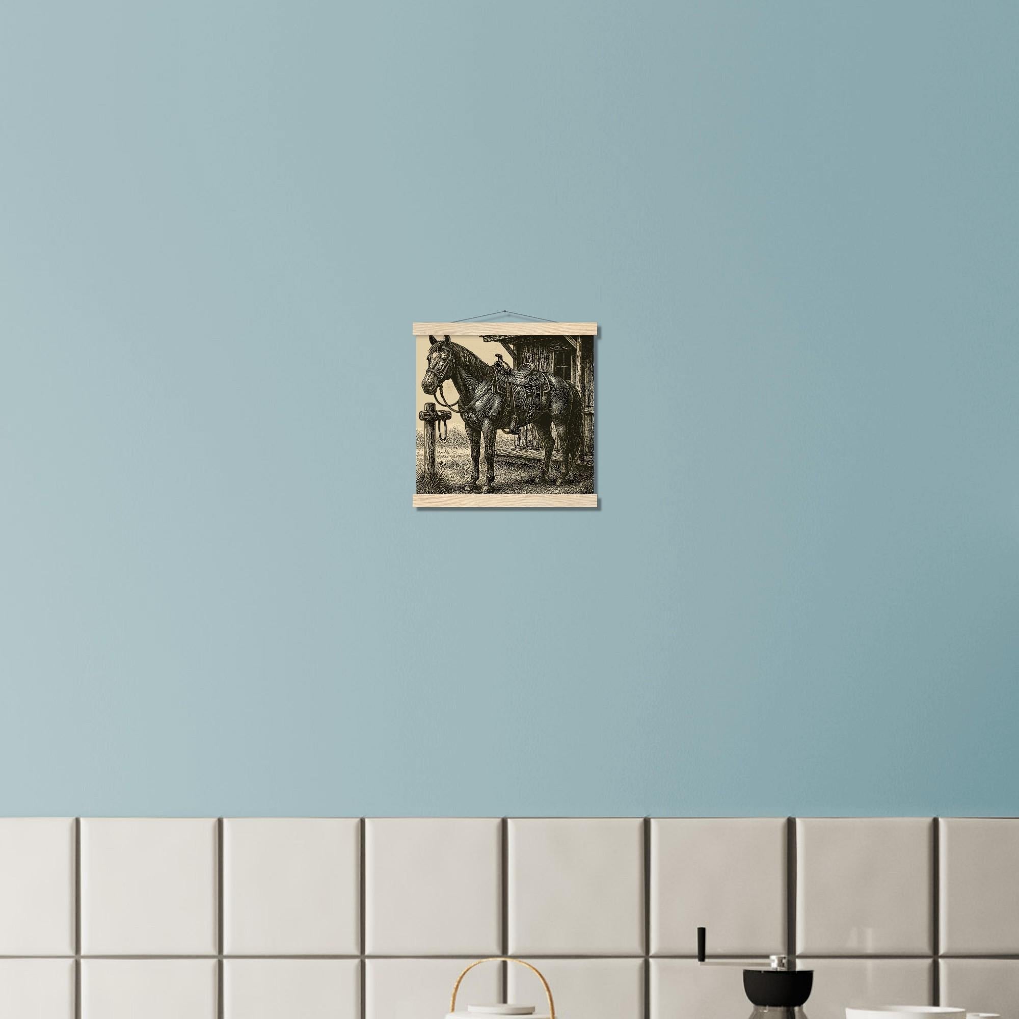 Western Pferde Wandbild – Sattelbereit vor Holzstall • Poster mit Kiefernholz-Hängern • Geschenk für Reiter & Pferdeliebhaber