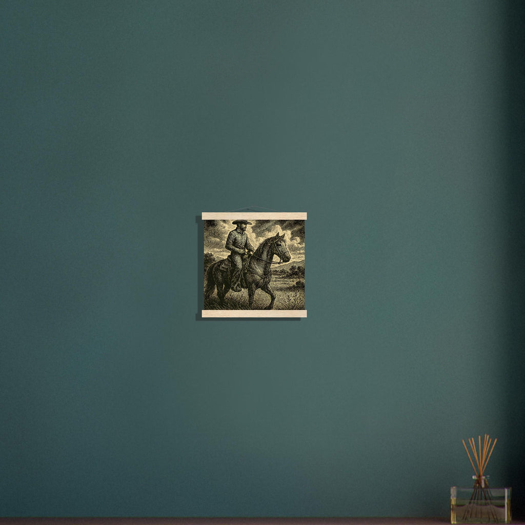 Western Pferde Wandbild – Sattelbereit vor Holzstall • Poster mit Kiefernholz-Hängern • Geschenk für Reiter & Pferdeliebhaber