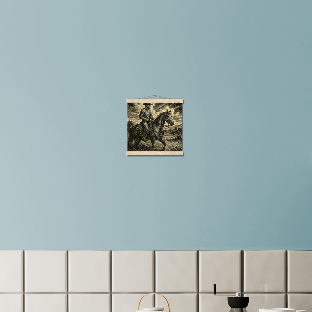 Western Pferde Wandbild – Sattelbereit vor Holzstall • Poster mit Kiefernholz-Hängern • Geschenk für Reiter & Pferdeliebhaber