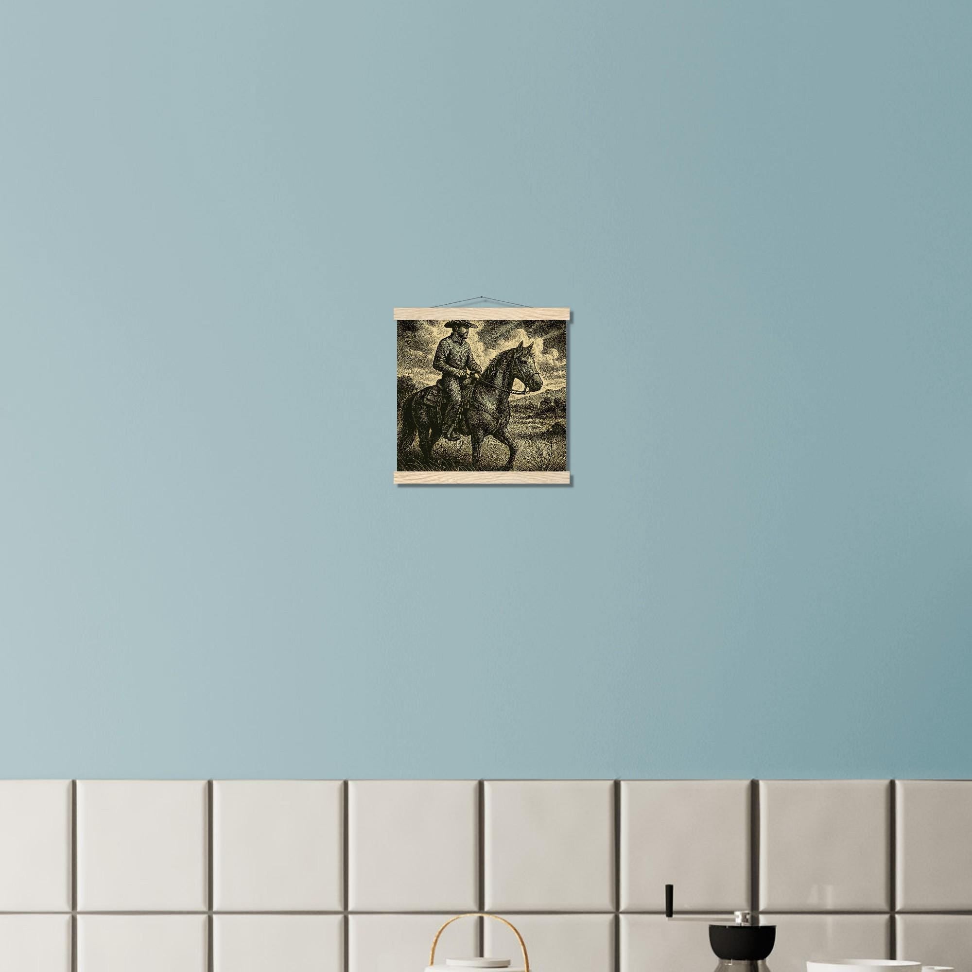 Western Pferde Wandbild – Sattelbereit vor Holzstall • Poster mit Kiefernholz-Hängern • Geschenk für Reiter & Pferdeliebhaber