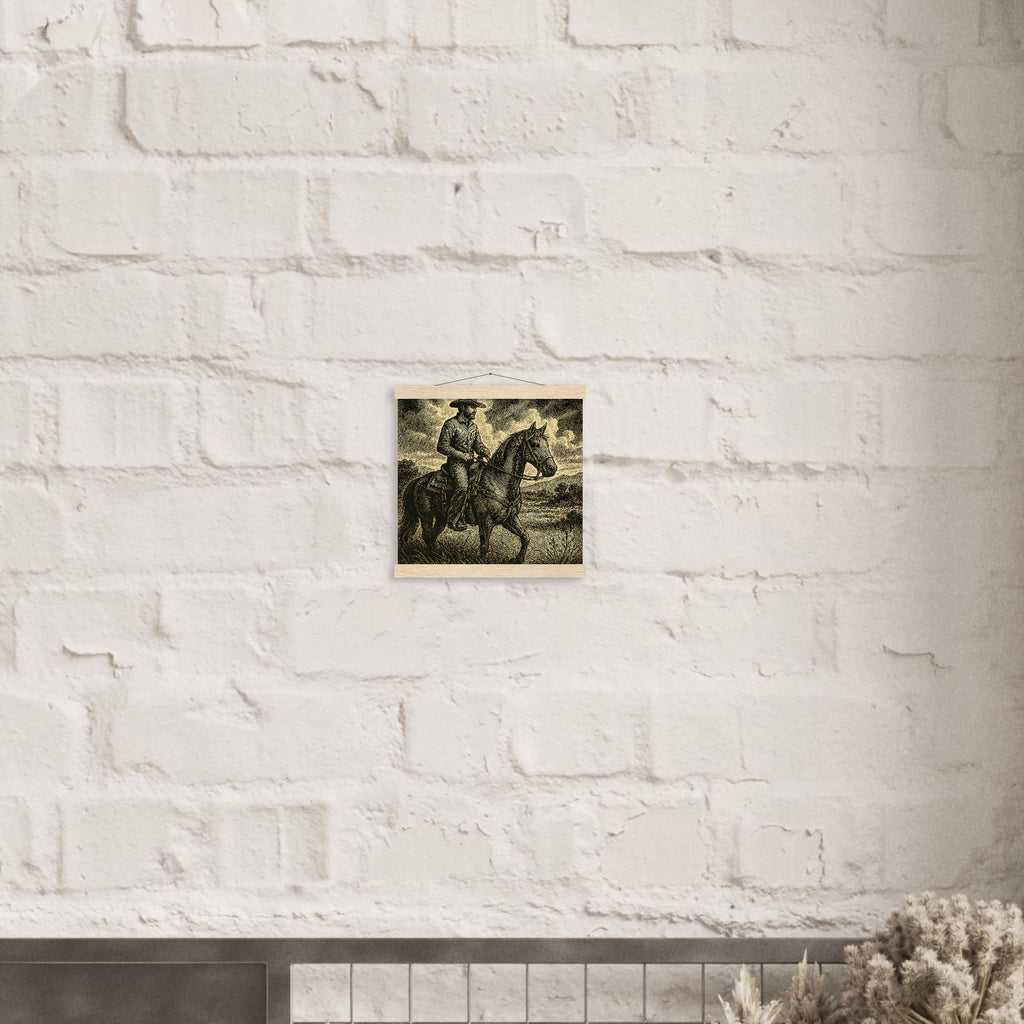 Western Pferde Wandbild – Sattelbereit vor Holzstall • Poster mit Kiefernholz-Hängern • Geschenk für Reiter & Pferdeliebhaber