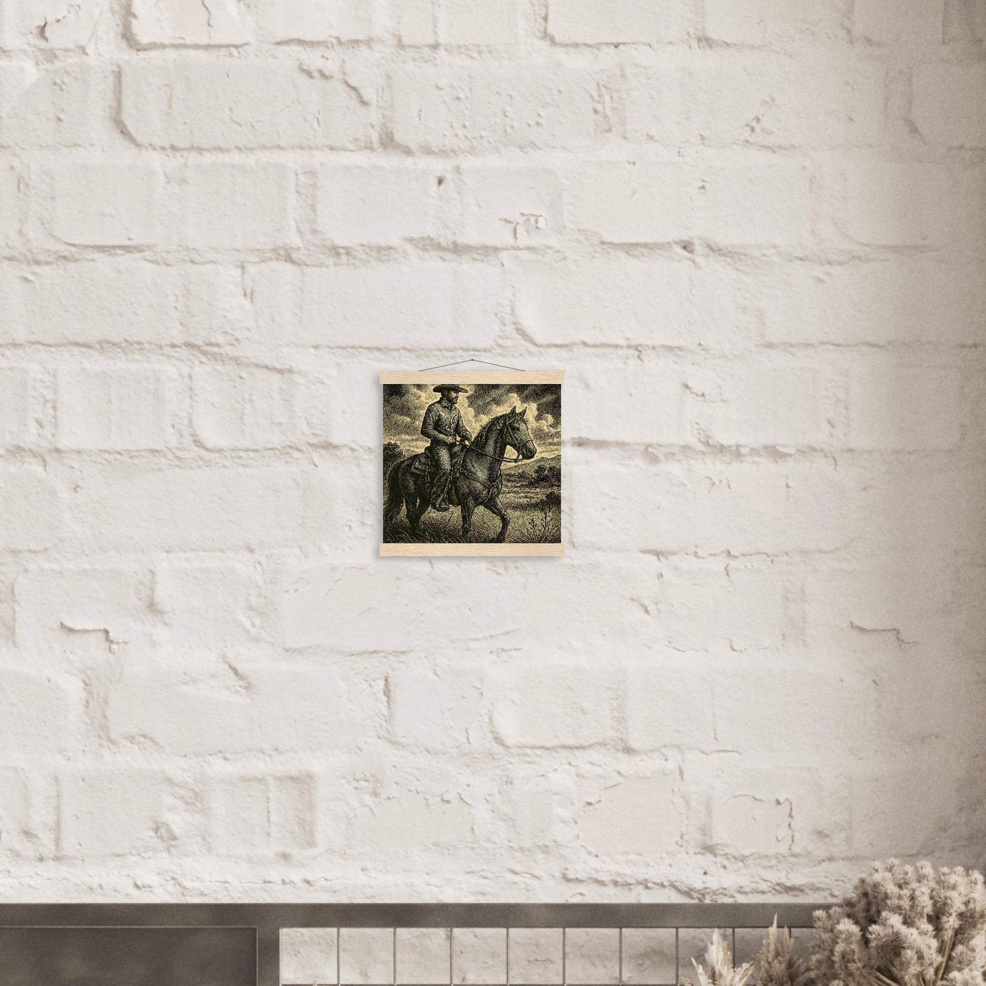 Western Pferde Wandbild – Sattelbereit vor Holzstall • Poster mit Kiefernholz-Hängern • Geschenk für Reiter & Pferdeliebhaber