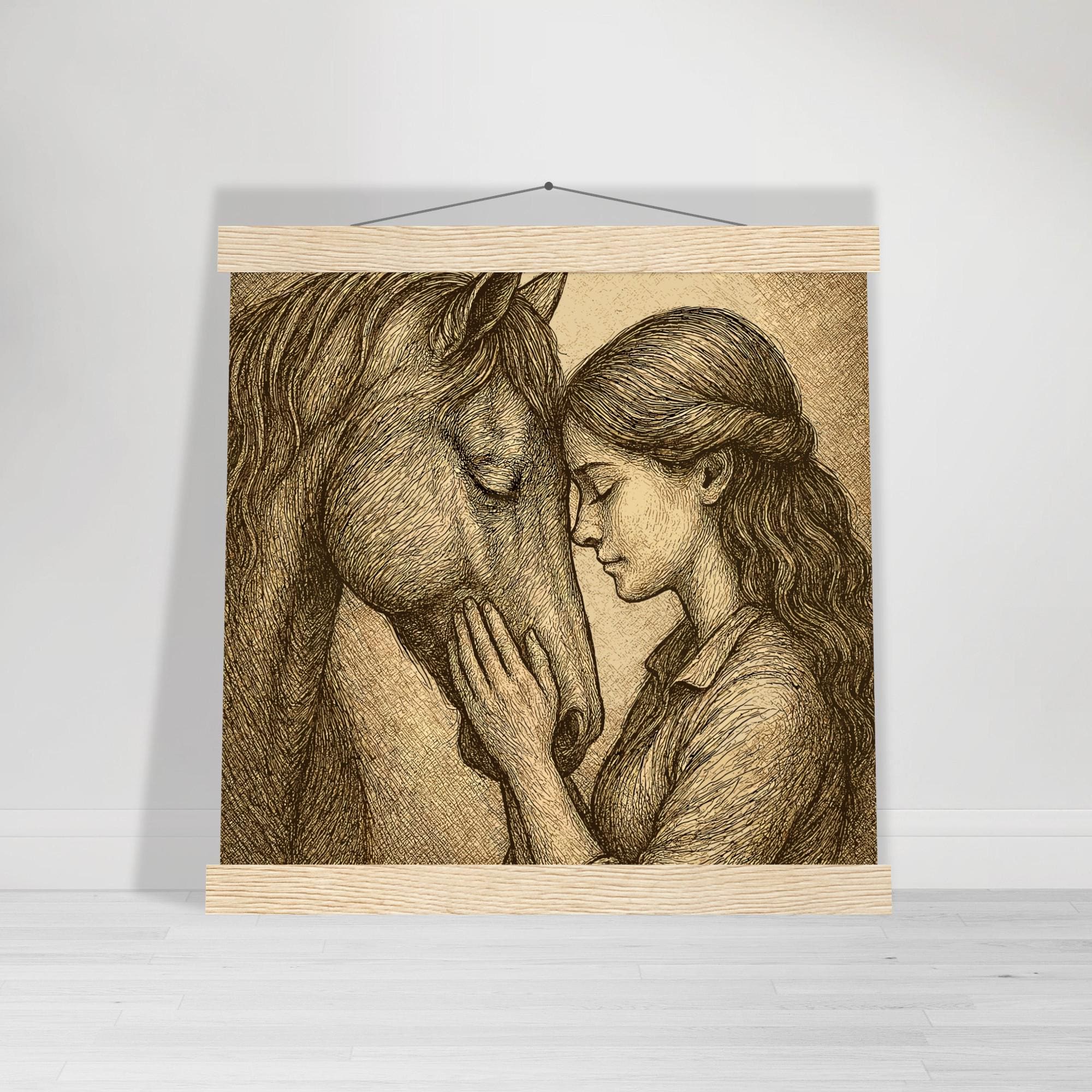 Silent Connection – Pferd & Mädchen Wandbild 20×25 cm | Emotionales Pferdeposter mit Holzaufhängern Geschenk für Reiterinnen Pferdeliebhaber