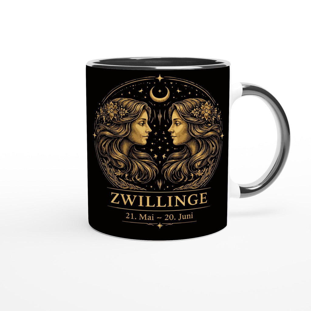 Keramiktasse mit Sternzeichen Zwillinge, symmetrisches astrologisches Motiv mit zwei Figuren in warmen Goldtönen auf schwarzem Hintergrund, beidseitig bedruckt