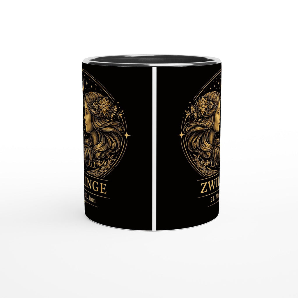 Keramiktasse mit Sternzeichen Zwillinge, symmetrisches astrologisches Motiv mit zwei Figuren in warmen Goldtönen auf schwarzem Hintergrund, beidseitig bedruckt