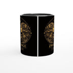 Keramiktasse mit Sternzeichen Zwillinge, symmetrisches astrologisches Motiv mit zwei Figuren in warmen Goldtönen auf schwarzem Hintergrund, beidseitig bedruckt