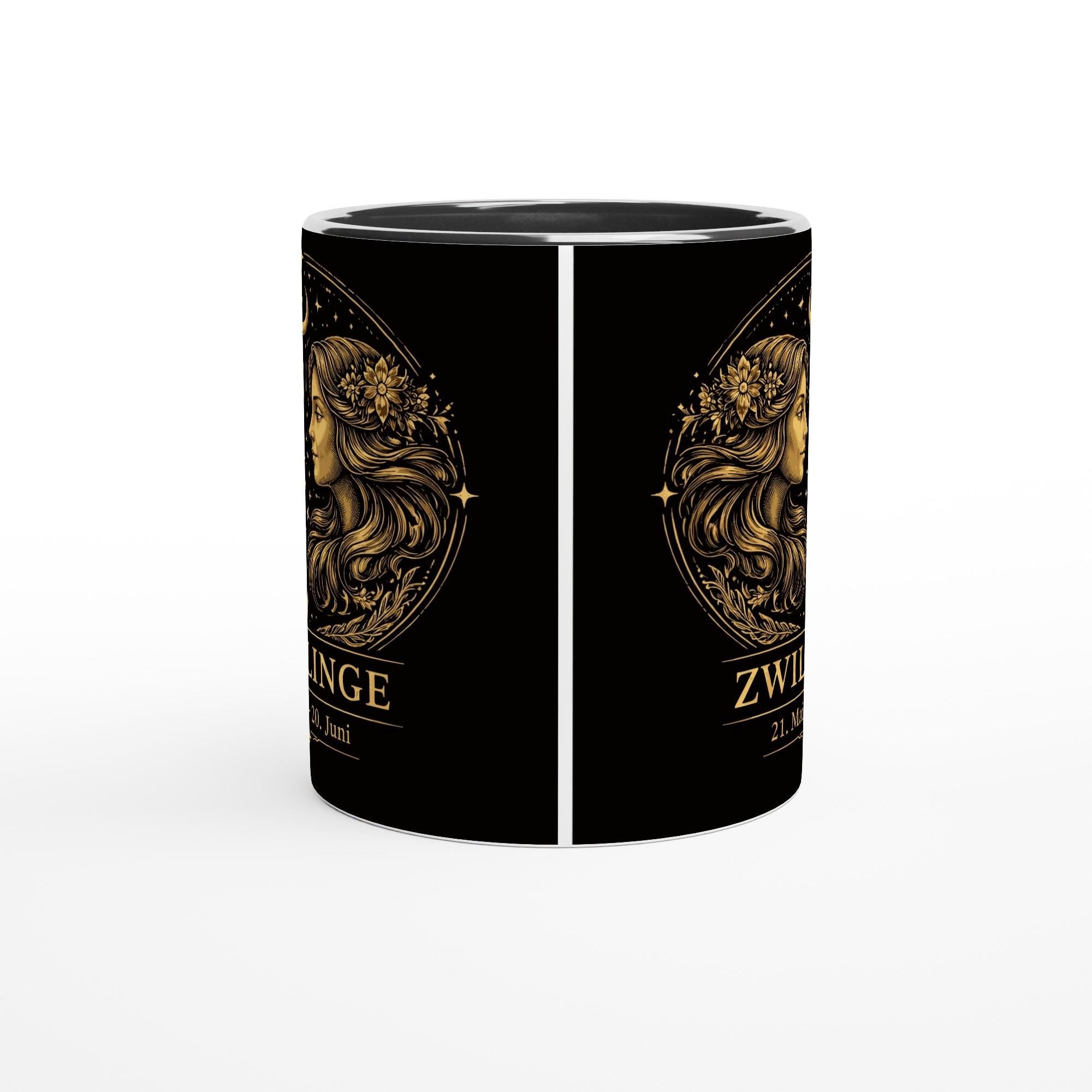 Keramiktasse mit Sternzeichen Zwillinge, symmetrisches astrologisches Motiv mit zwei Figuren in warmen Goldtönen auf schwarzem Hintergrund, beidseitig bedruckt