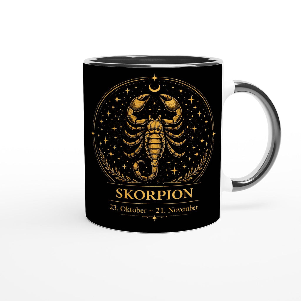 Keramiktasse mit Sternzeichen Skorpion, detailliertes astrologisches Skorpionmotiv in warmen Goldtönen auf schwarzem Hintergrund, beidseitig bedruckt