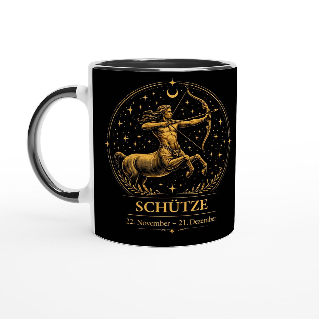 Keramiktasse mit Sternzeichen Schütze, dynamisches astrologisches Motiv mit Bogenschützen in warmen Goldtönen auf schwarzem Hintergrund, beidseitig bedruckt