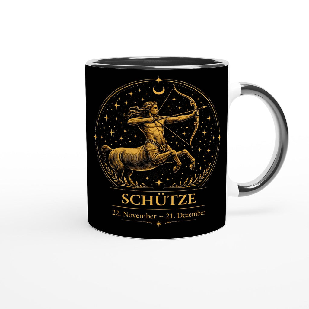 Keramiktasse mit Sternzeichen Schütze, dynamisches astrologisches Motiv mit Bogenschützen in warmen Goldtönen auf schwarzem Hintergrund, beidseitig bedruckt
