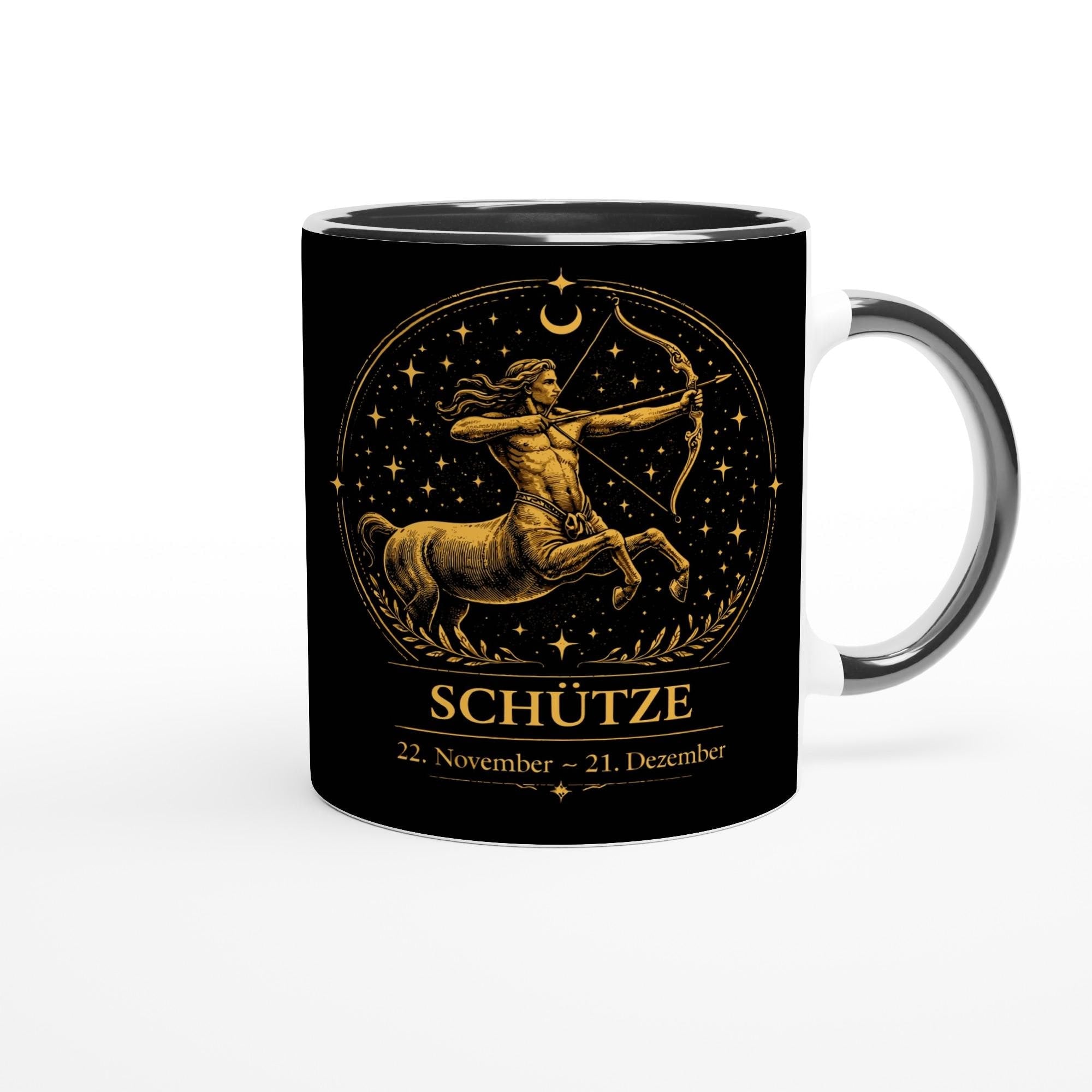 Keramiktasse mit Sternzeichen Schütze, dynamisches astrologisches Motiv mit Bogenschützen in warmen Goldtönen auf schwarzem Hintergrund, beidseitig bedruckt