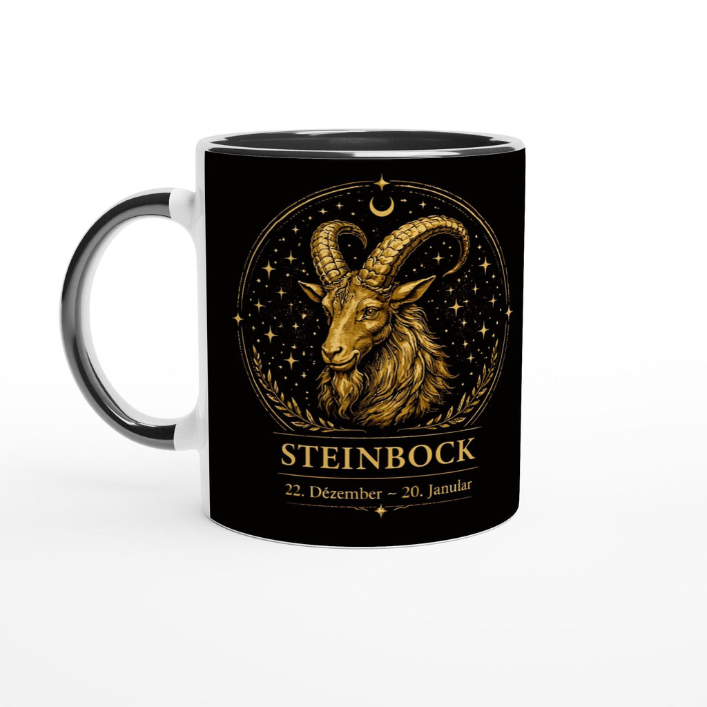 Keramiktasse mit Sternzeichen Steinbock, markantes astrologisches Motiv mit Steinbockdarstellung in warmen Goldtönen auf schwarzem Hintergrund, beidseitig bedruckt