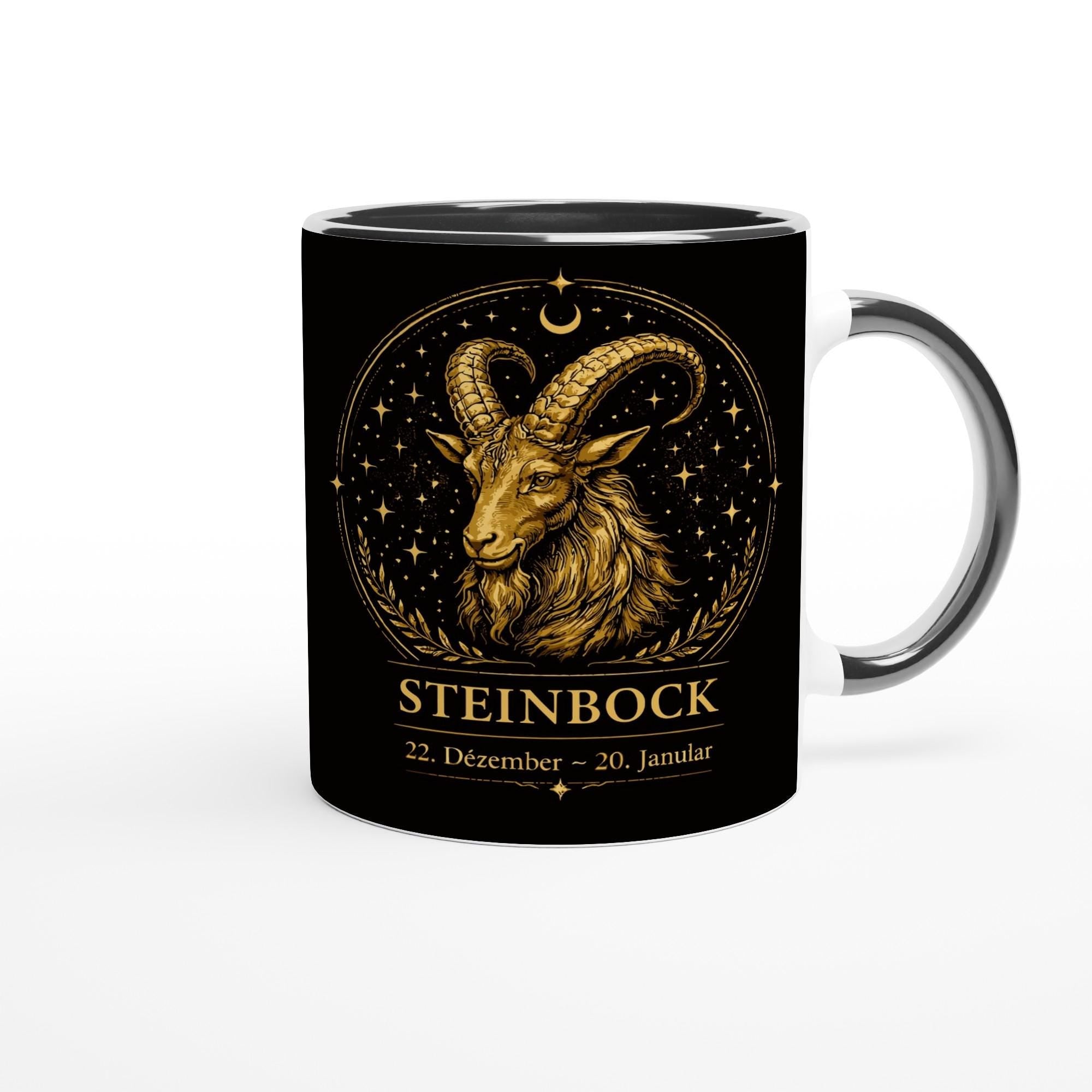 Keramiktasse mit Sternzeichen Steinbock, markantes astrologisches Motiv mit Steinbockdarstellung in warmen Goldtönen auf schwarzem Hintergrund, beidseitig bedruckt