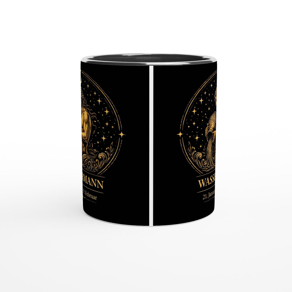 Keramiktasse mit Sternzeichen Wassermann, mythologische Figur mit Wasserkrug als astrologisches Motiv in warmen Goldtönen auf schwarzem Hintergrund, beidseitig bedruckt