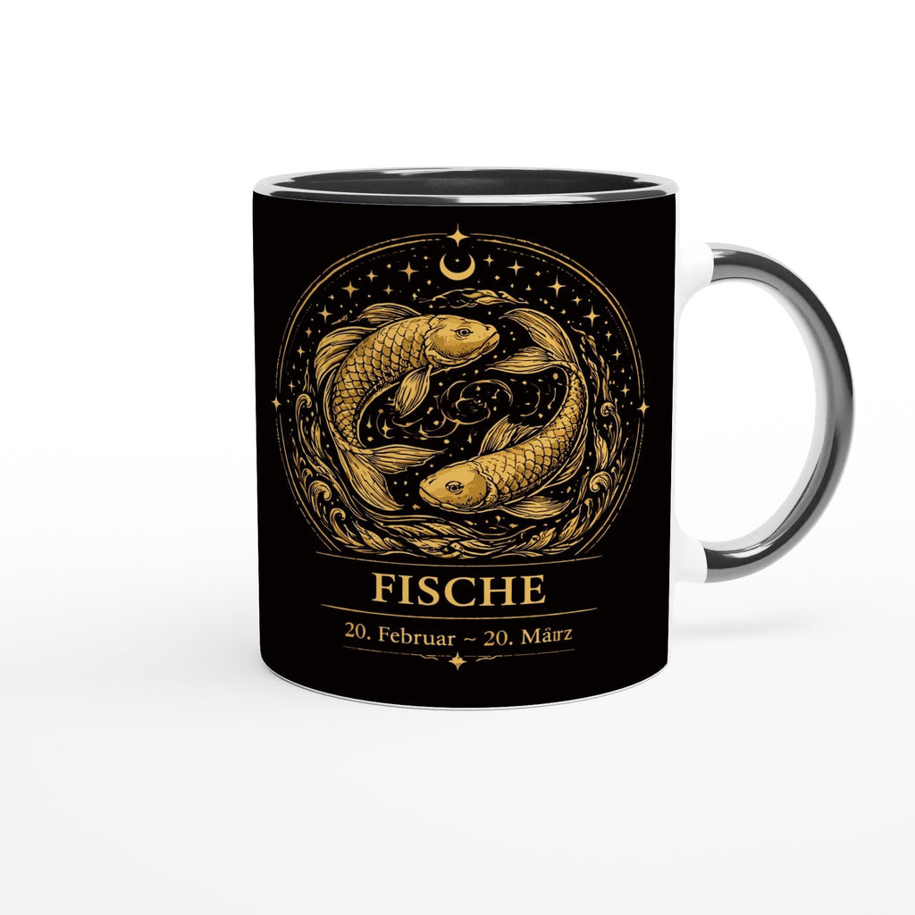Keramiktasse mit Sternzeichen Fische, harmonisches astrologisches Motiv mit zwei Fischen in warmen Goldtönen auf schwarzem Hintergrund, beidseitig bedruckt