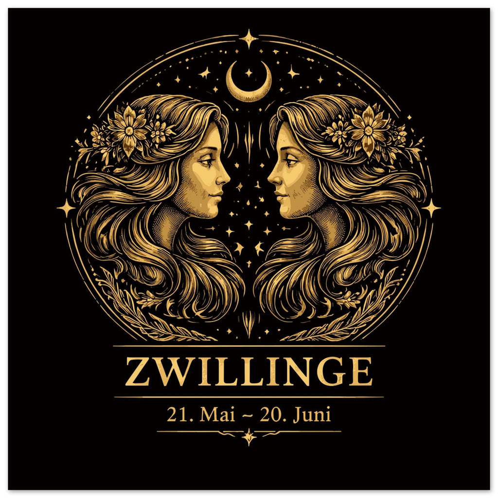 Sternzeichen Zwillinge Wandbild – Fine Art Zodiac Wall Art – Astrologie Kunstdruck – Zwillinge Poster Schwarz Gold – Sternzeichen Geschenk
