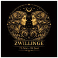 Sternzeichen Zwillinge Wandbild – Fine Art Zodiac Wall Art – Astrologie Kunstdruck – Zwillinge Poster Schwarz Gold – Sternzeichen Geschenk