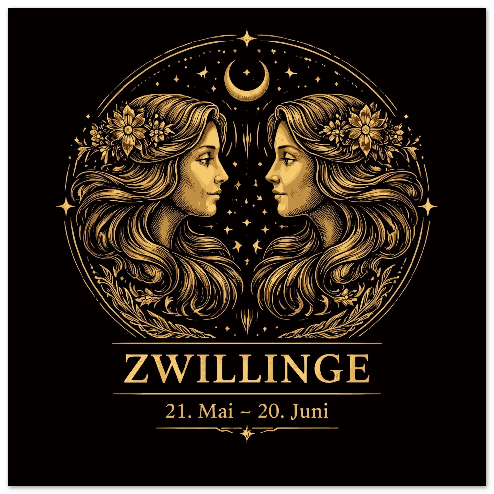 Sternzeichen Zwillinge Wandbild – Fine Art Zodiac Wall Art – Astrologie Kunstdruck – Zwillinge Poster Schwarz Gold – Sternzeichen Geschenk