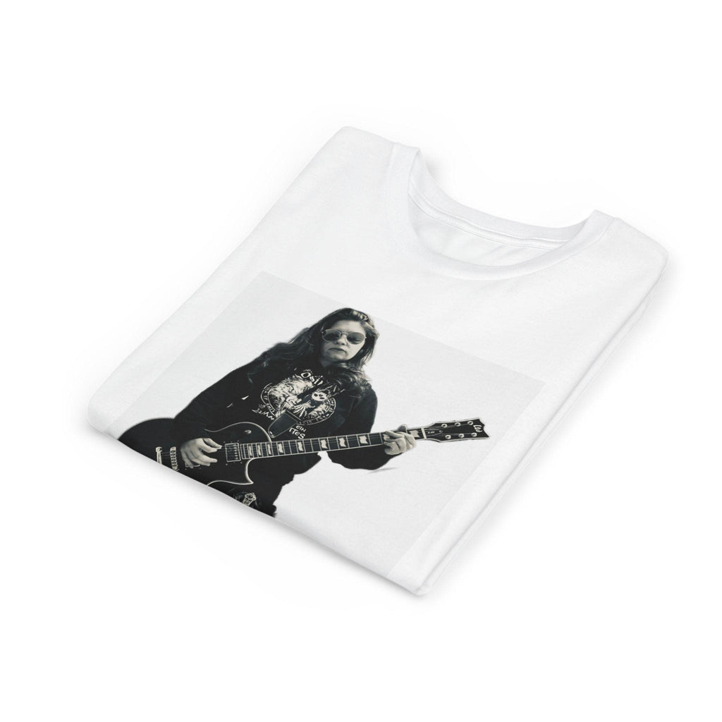 Weißes Jugend Rock Star T-Shirt mit schwarzem Gitarristen Motiv und coolem Rockdesign