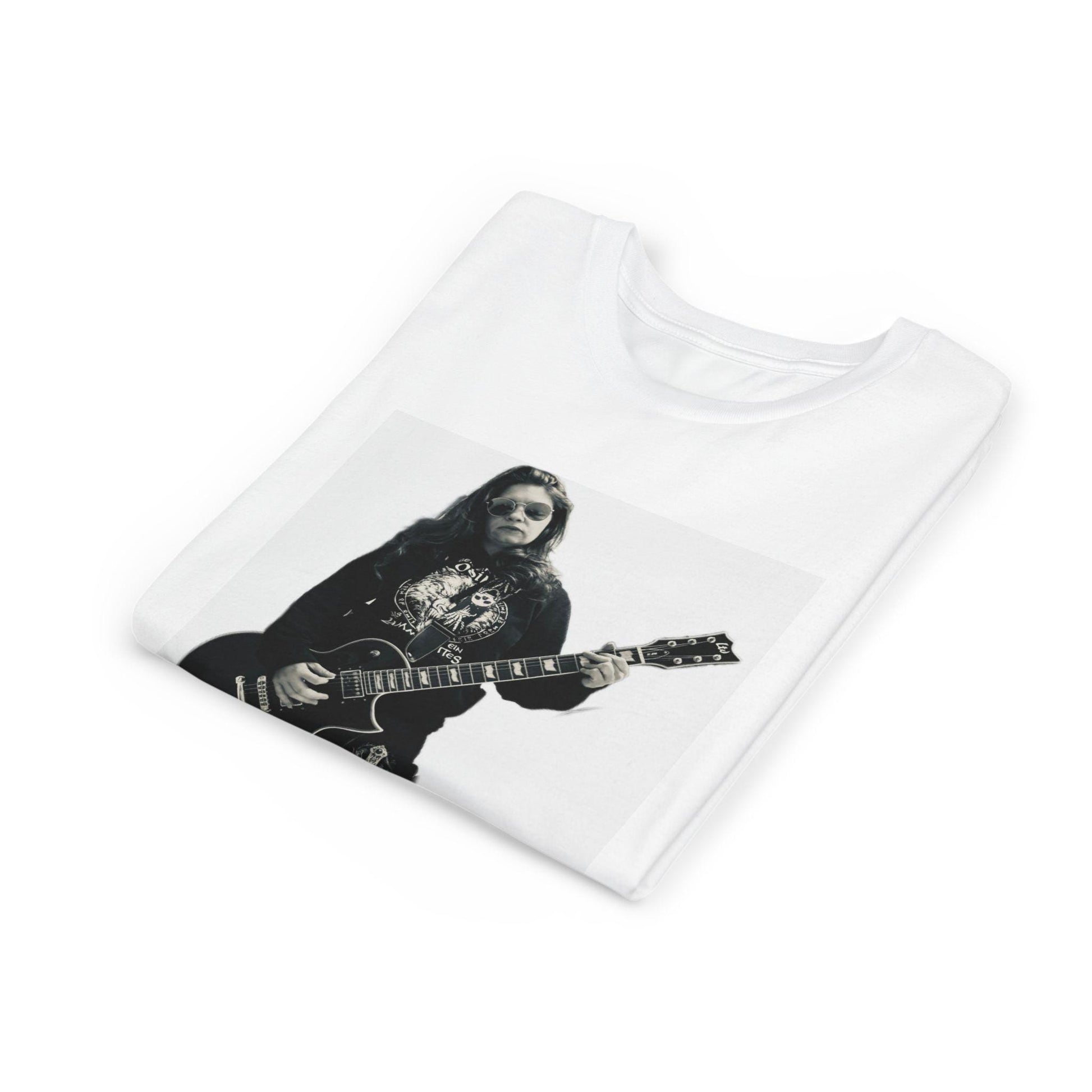 Weißes Jugend Rock Star T-Shirt mit schwarzem Gitarristen Motiv und coolem Rockdesign