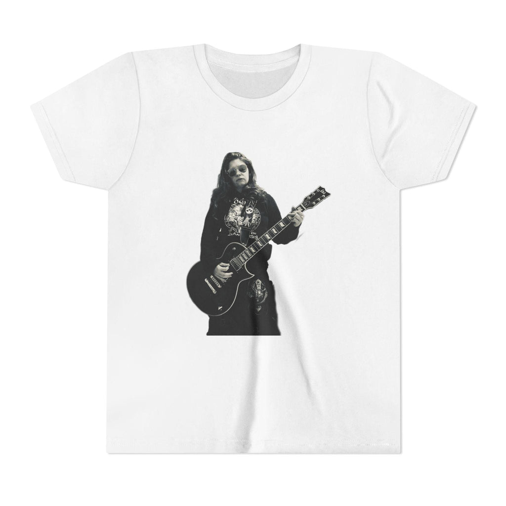 Weißes Jugend Rock Star T-Shirt mit schwarzem Rockstar-Gitarristenmotiv und rundem Halsausschnitt