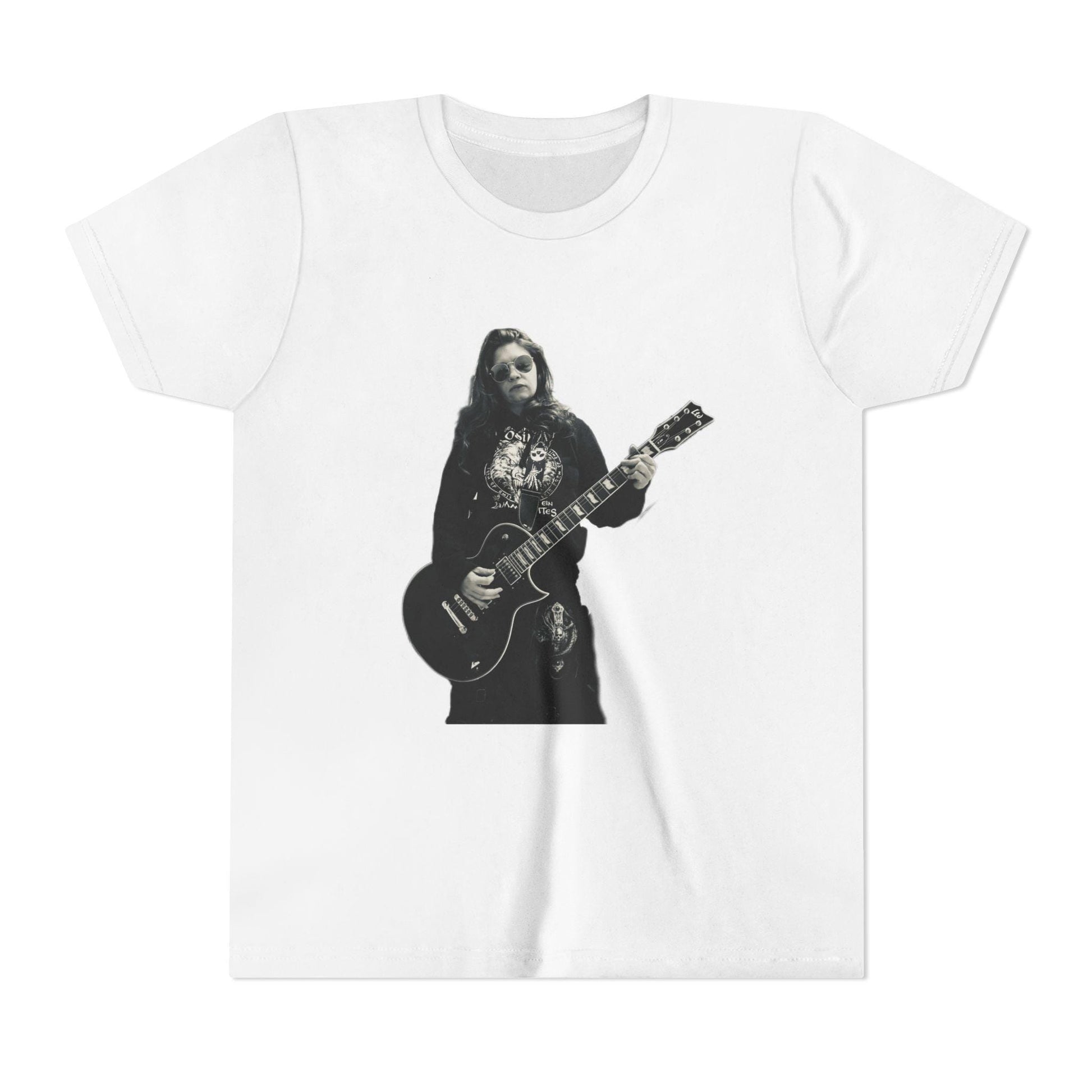 Weißes Jugend Rock Star T-Shirt mit schwarzem Rockstar-Gitarristenmotiv und rundem Halsausschnitt