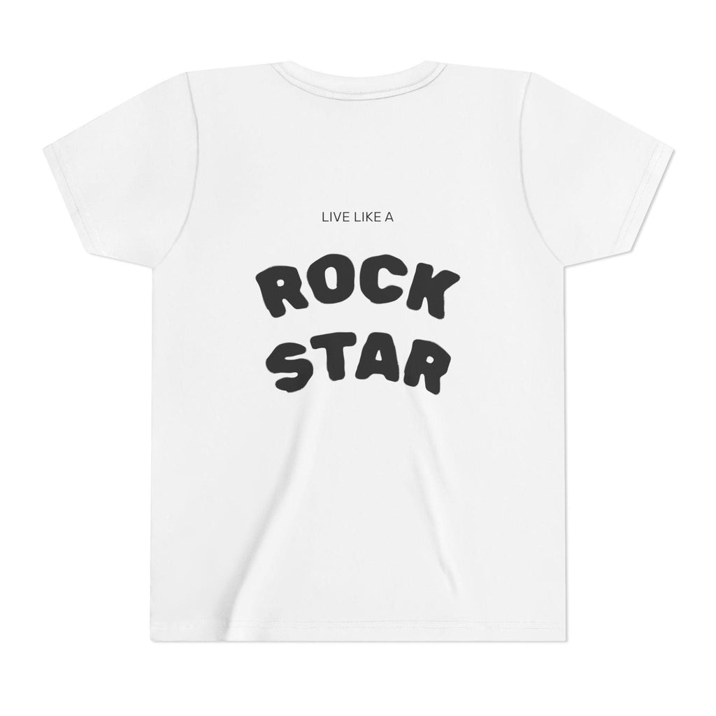 Weißes Jugend Rock Star T-Shirt mit schwarzem Schriftzug Live Like A Rock Star auf der Rückseite