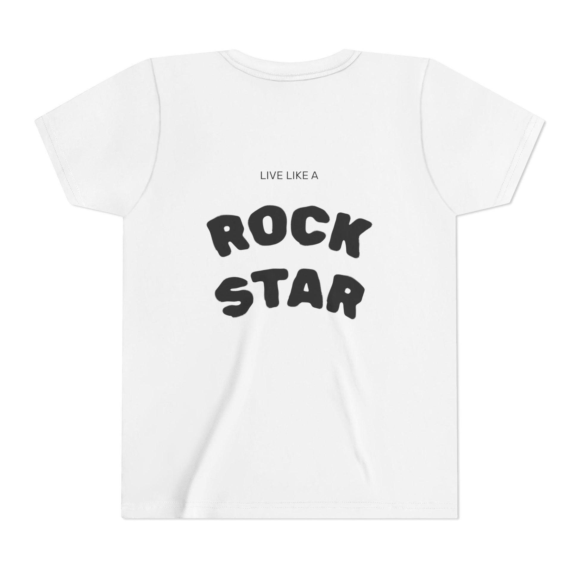 Weißes Jugend Rock Star T-Shirt mit schwarzem Schriftzug Live Like A Rock Star auf der Rückseite