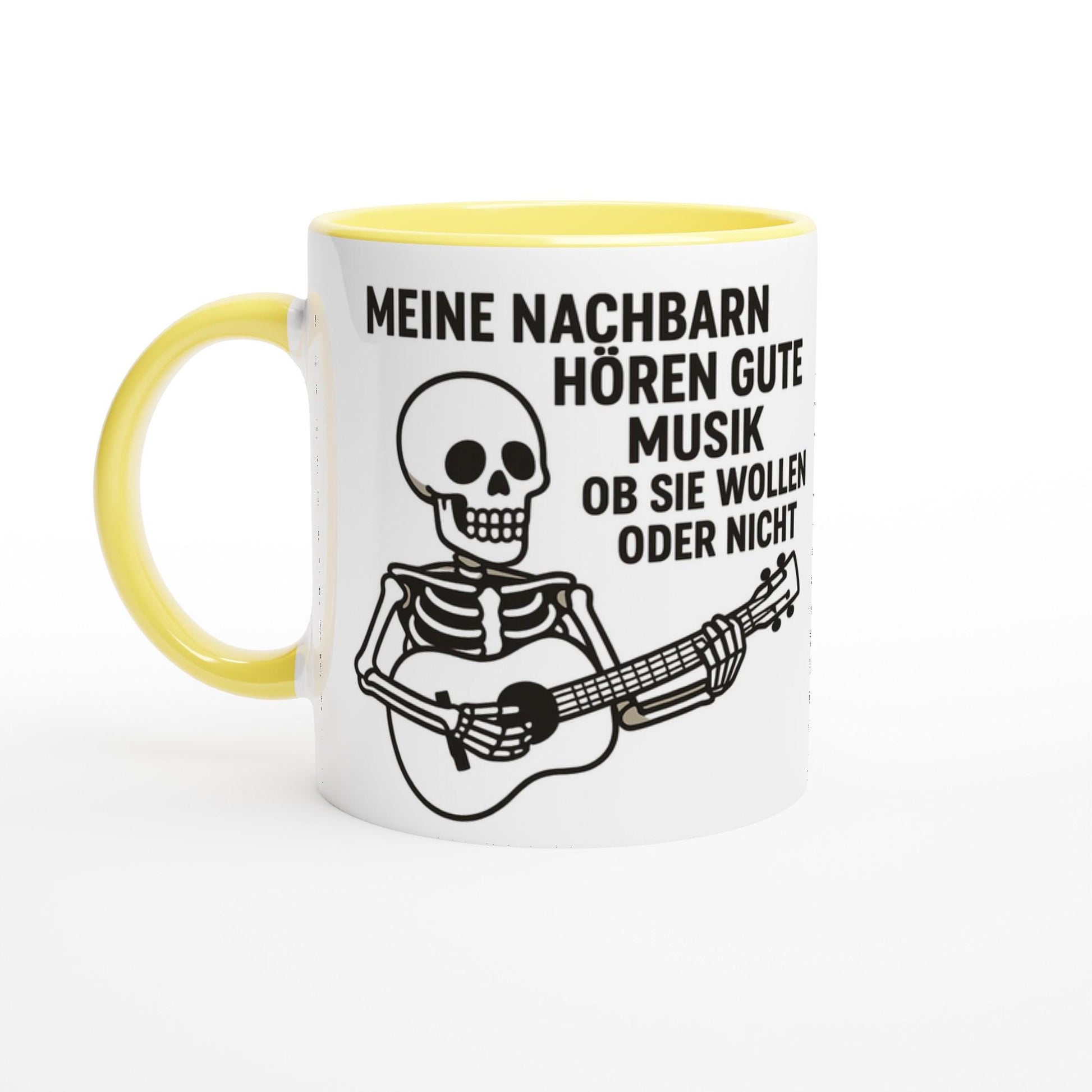 Keramiktasse Geschenkidee Musik mit gelbem Griff und Skelettmotiv beim Gitarrespielen