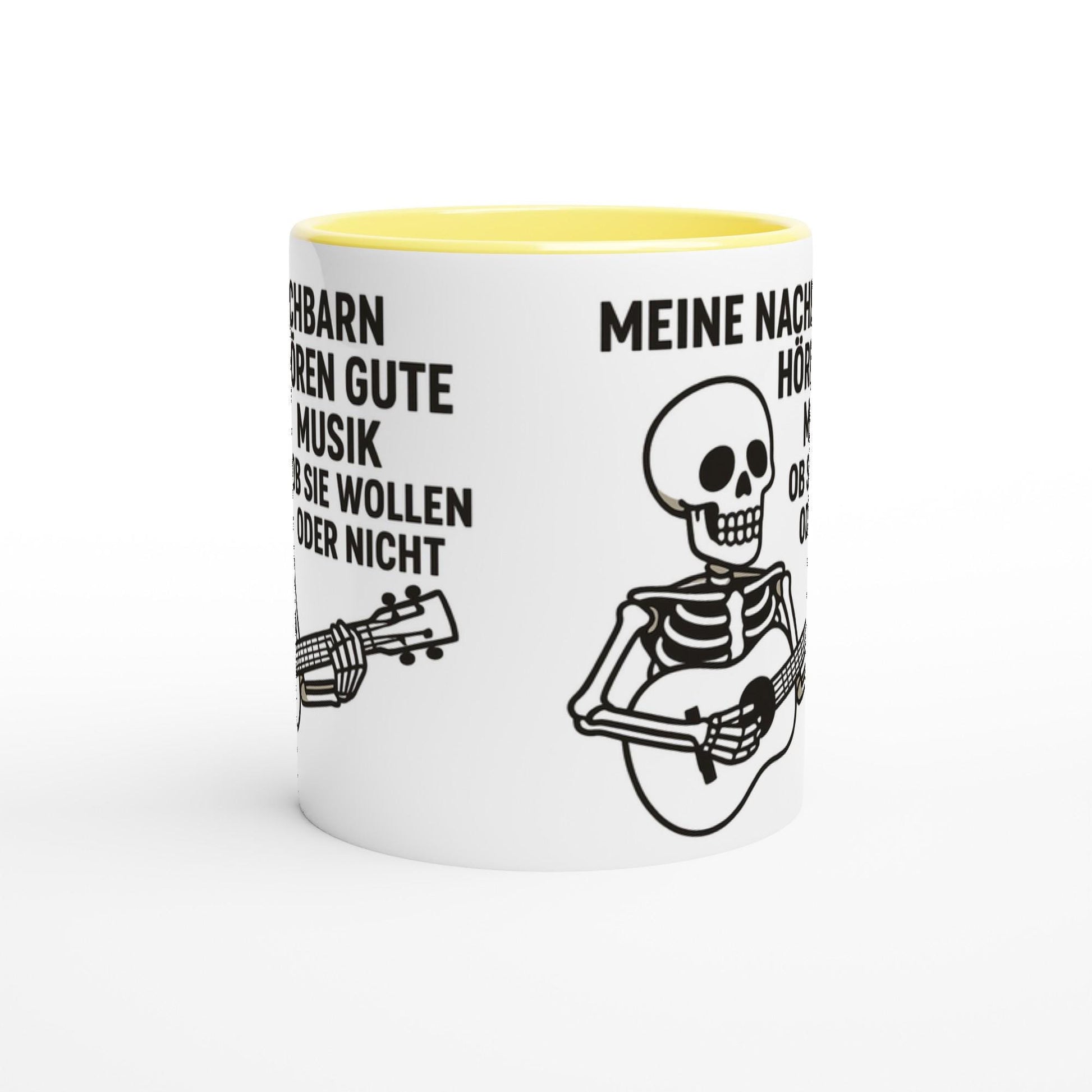 Weisse Keramiktasse Geschenkidee Musik mit gelbem Innenraum und Skelettmotiv mit Gitarre