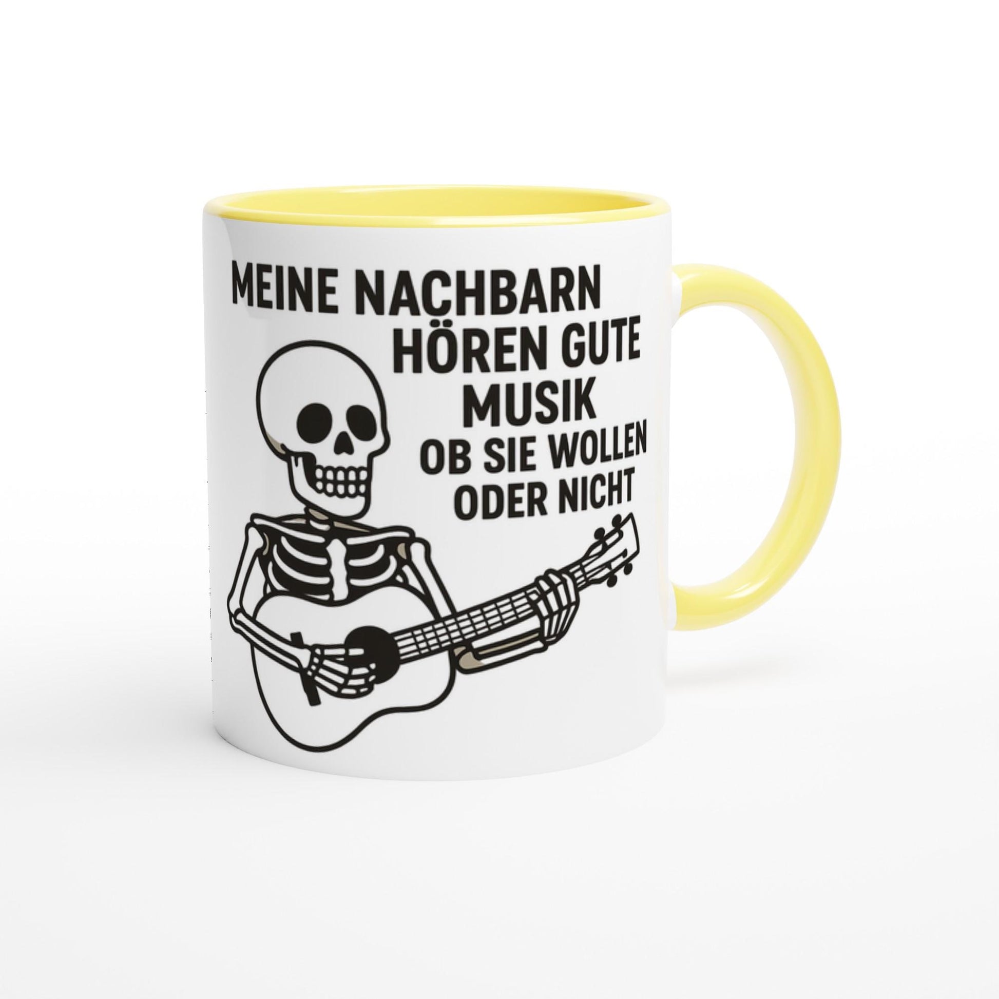 Keramiktasse Geschenkidee Musik mit gelbem Henkel und Skelettmotiv mit Gitarre und Spruch