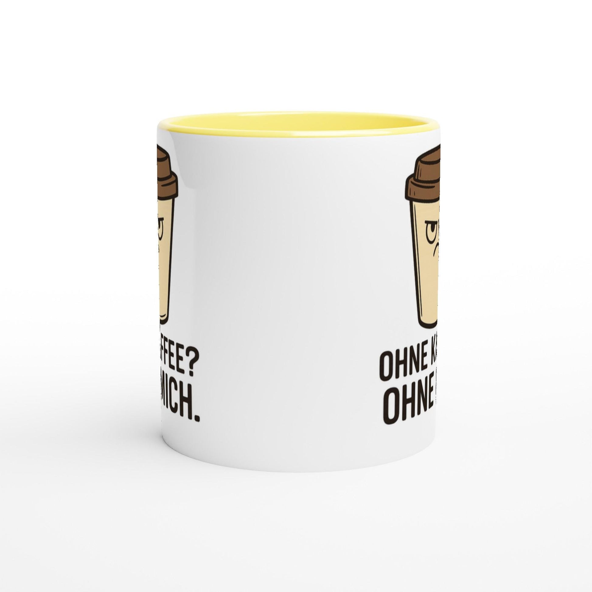 Weiße Keramiktasse Geschenkidee mit braunem Kaffeebecher-Motiv und gelbem Innenraum