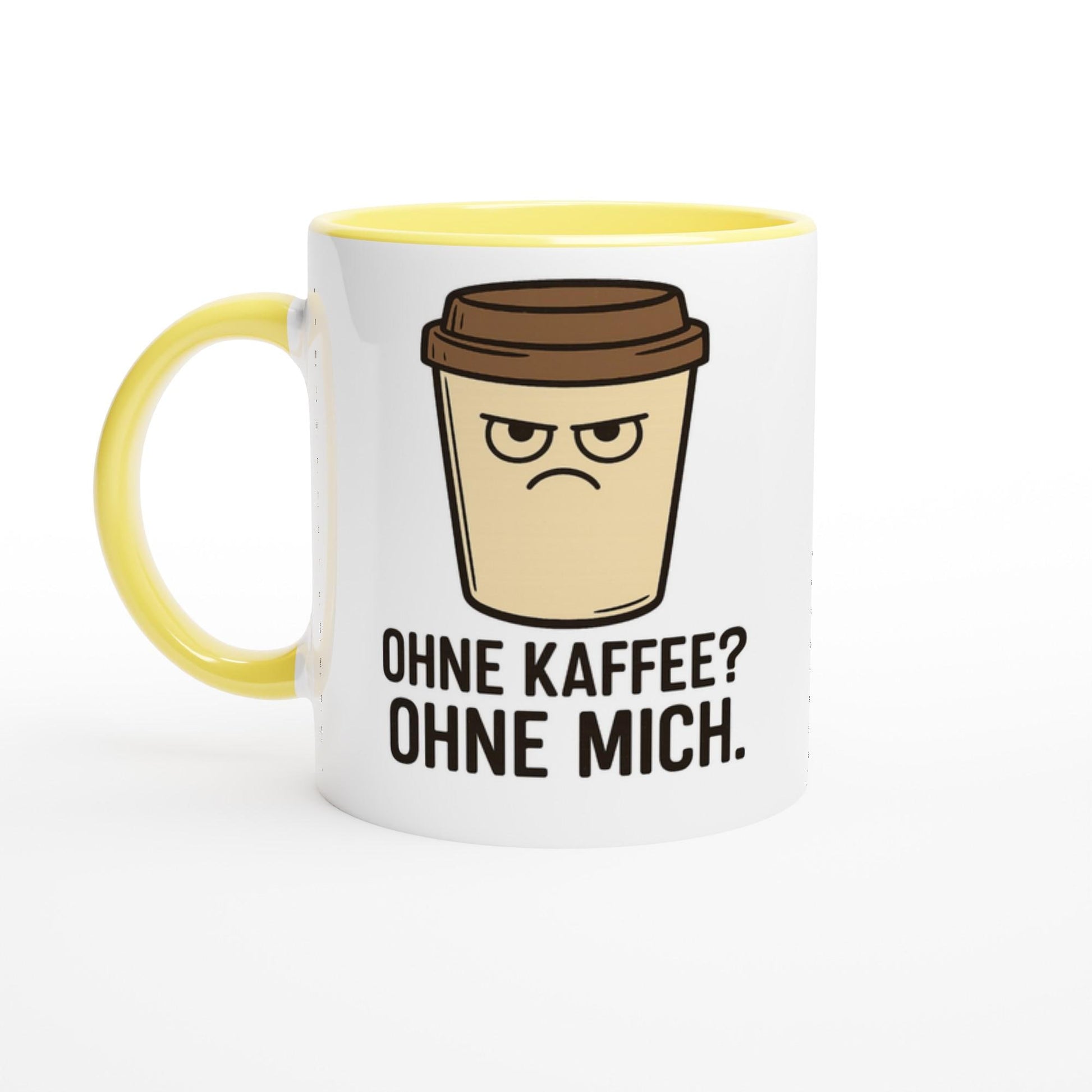 Keramiktasse Geschenkidee mit gelbem Griff und lustigem Spruch ohne Kaffee ohne mich