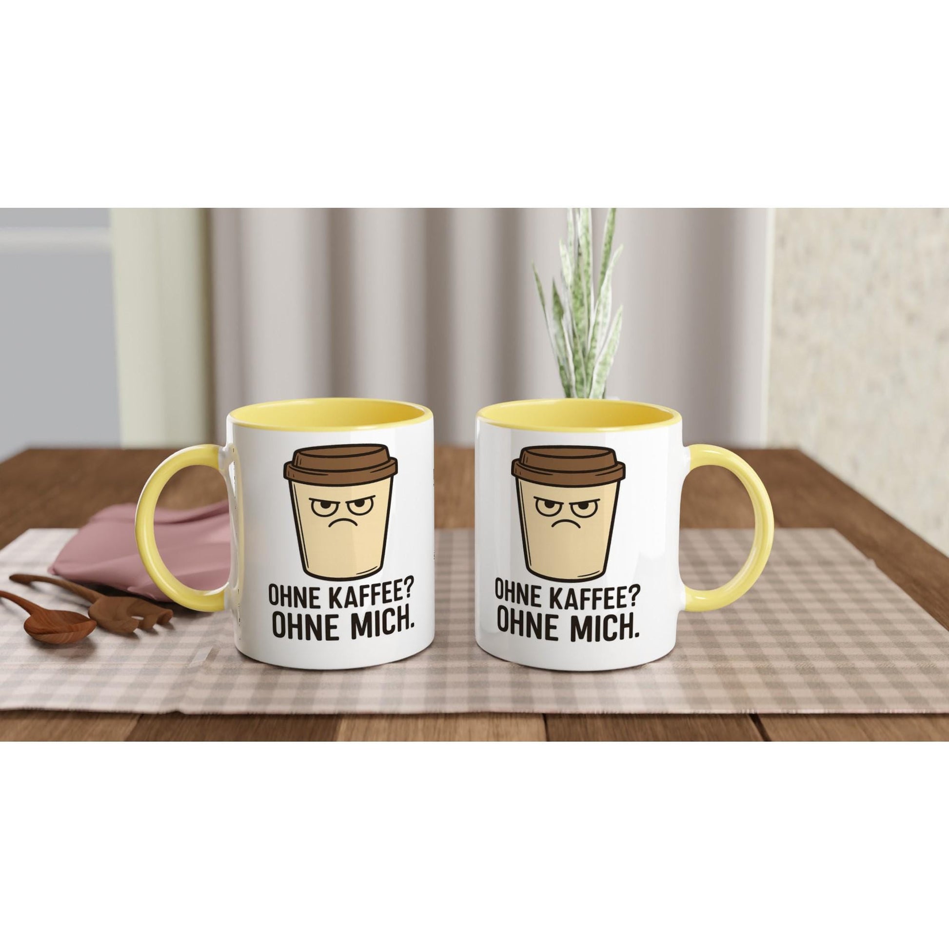 Weiße Keramiktasse Geschenkidee mit gelbem Henkel und Innenfläche, bedruckt mit Kaffee-Motiv und Spruch
