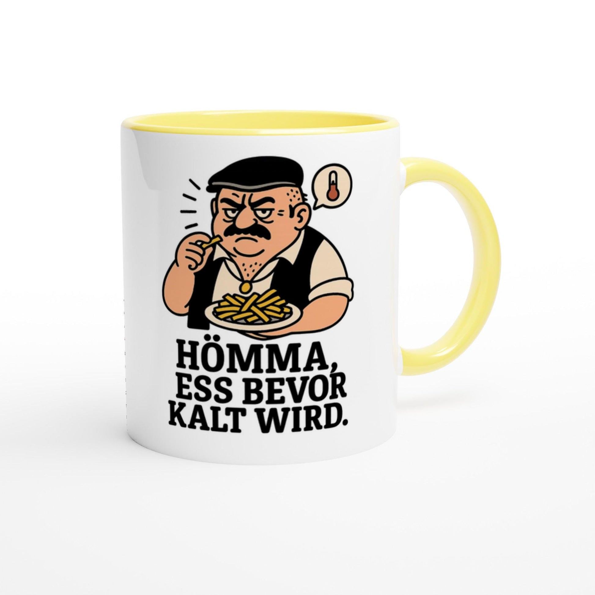 Keramiktasse mit Spruch Geschenk weißer Becher mit gelbem Henkel und lustigem Essen-Motiv