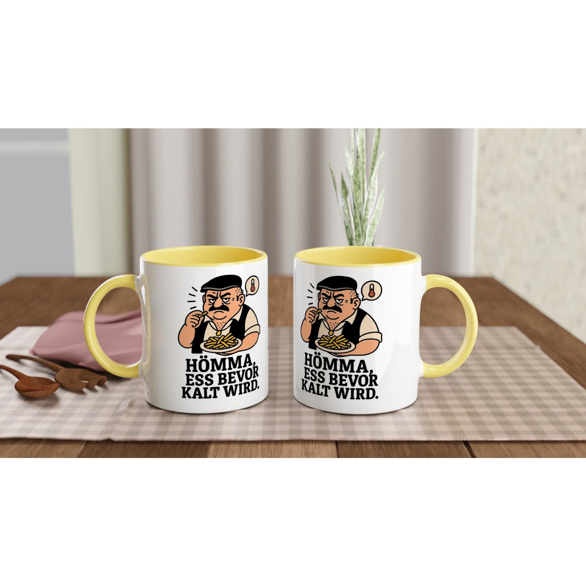 Keramiktasse mit Spruch Geschenk mit humorvollem Design und gelbem Innenraum und Henkel